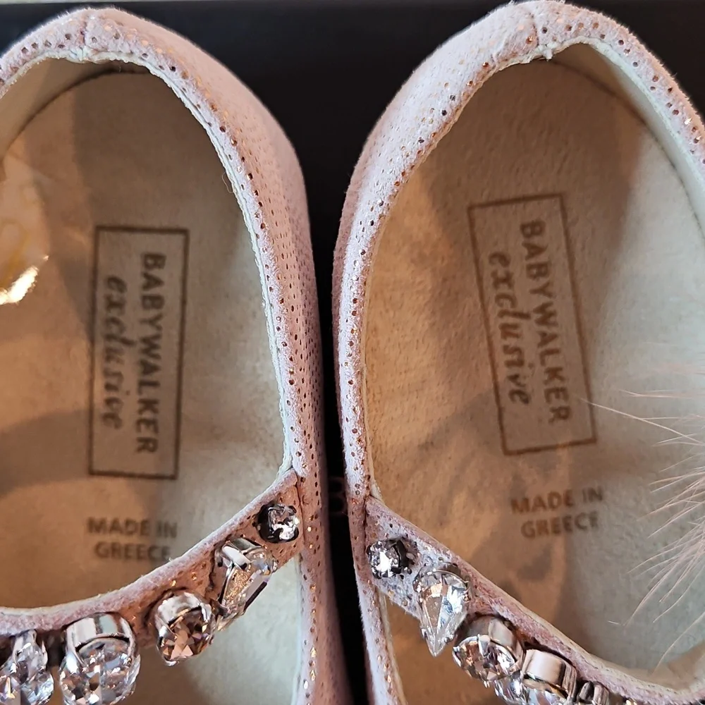 Babywalker Dusty Pink Leather Fur Jewel Baby Shoes NWT & box Greece 21 US 18-24m
